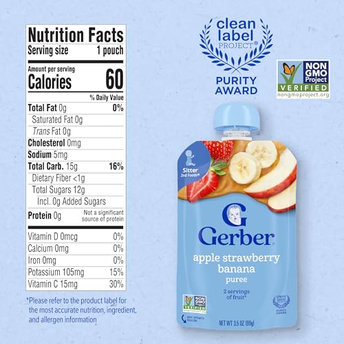Gerber Stage 2 Baby Food, Apple Strawberry Banana Puree Pouch, 2 Servings of Fruit, No Added Sweetener, No Artificial Colors or Flavors, 12-Pack