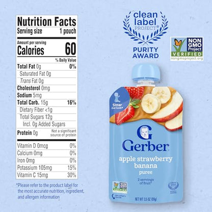 Gerber Stage 2 Baby Food, Apple Strawberry Banana Puree Pouch, 2 Servings of Fruit, No Added Sweetener, No Artificial Colors or Flavors, 12-Pack