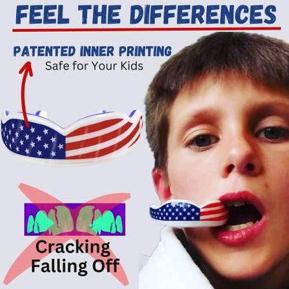 Youth Sports Mouth Guard for Kids (USA Flag, Fangs, 20+ Colors to Choose from) Mouthguard for Football, MMA, Karate, Boxing, Rugby, BJJ, Flag Football – /w Case (Youth, Strapless)