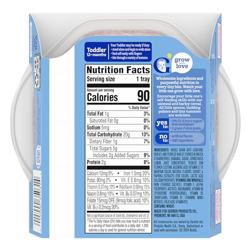Gerber Toddler Food, Baby Food, Breakfast Oatmeal with Barley, Strawberry Banana Flavor, Cereal, Iron Helps Support Brain Development, 8 Pack