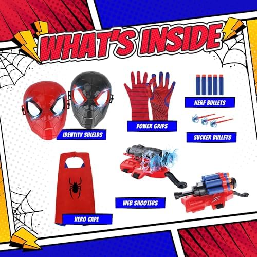 Superhero Web-Slinging Toy Set – 7-in-1 Superhero Set Includes 2 Web Shooters, 2 Hero Masks, 2 Gloves, and 1 Cape – Ideal for Indoor and Outdoor Costume Role-Playing, Imaginative Play for Kids Ages 3+
