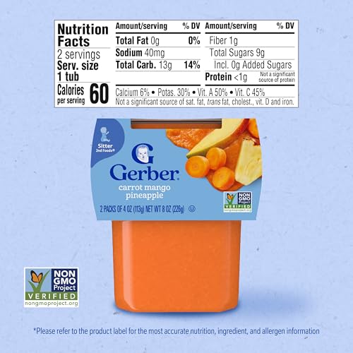 Gerber Stage 2 Baby Food, Carrot Mango Pineapple Puree Tubs, Baby Puree, 16PK
