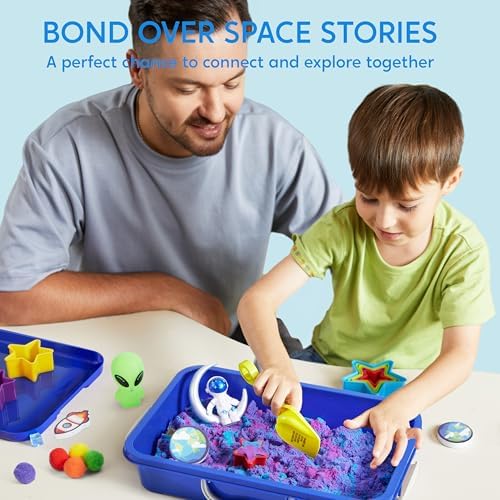 Klever Kits Outer Space Sensory Bin for Toddlers with Glow in The Dark Alien and Rocks, Sandbox with Lid Dual-Color Sand, Preschool Learning Activities Gifts for Boys Girls Age 3+