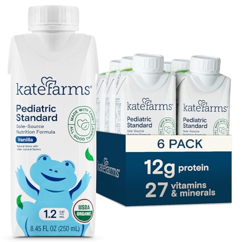 KATE FARMS Organic Pediatric 1.2 High Calorie Vanilla Nutrition Shake, 12g Protein, 27 Vitamins and Minerals, Meal Replacement, 8.45 oz (6 pack)