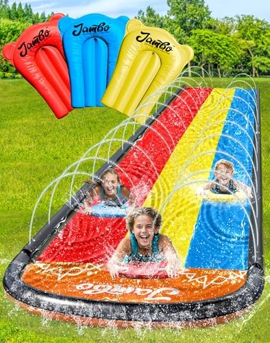 JAMBO Premium Triple Water Slide and 3 Bodyboards, Updated Model Slip Splash and Slide Heavy Duty Water Slides- 3-Way Sprinkler System, Splash Mat Pad, Backyard Outdoor Water Toys n Slides for Kids