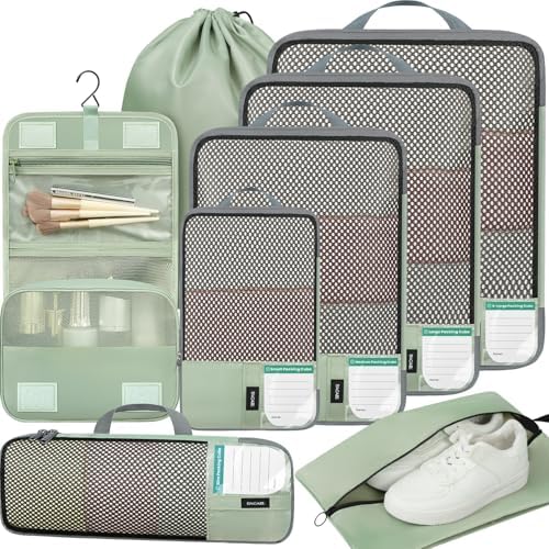 BAGAIL 4 Set/6 Set/8 Set Compression Packing Cubes Travel Accessories Expandable Packing Organizers(HalfMesh, 8-MatchaGreen)
