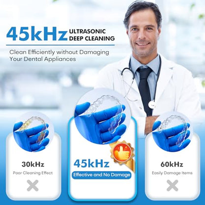 Upgraded Ultrasonic Retainer Cleaner Machine, 45kHz Ultrasonic Dentures Cleaner for Night Guards, Braces, Aligner, Toothbrush, Jewelry and More, 200ML Capacity, Black