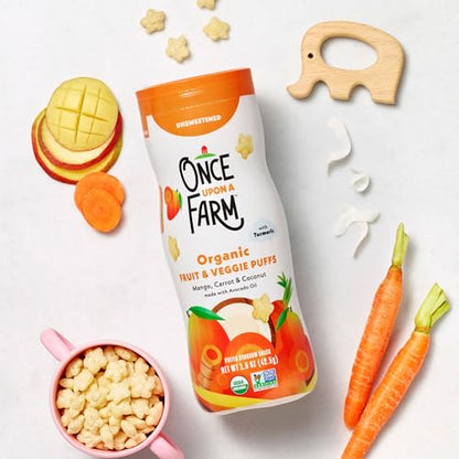 Once Upon A Farm Mango, Coconut & Carrot Puffed Sorghum Snack, Fruit & Veggie Puffs, Non GMO, 1.5 Ounces (Pack Of 6)