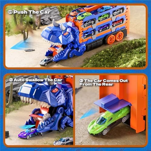 Toddler Car Truck Toys Gifts for 3 4 5 Years Old Boys, Toy Cars Track Set Dinosaur Transport Truck with 12 Pcs Die-Cast Cars Toys, Transforms into Dino, Toy Gifts for 3 4 5 6 Year Old Boys