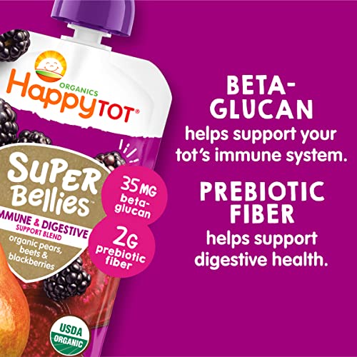 Happy Tot Organics Stage 4 Baby Food Pouches, Gluten Free, Vegan Snack, Super Bellies, Fruit & Veggie Puree, Pears, Beets & Blackberries 4 Ounce (Pack of 16)
