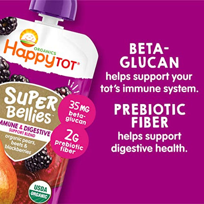 Happy Tot Organics Stage 4 Baby Food Pouches, Gluten Free, Vegan Snack, Super Bellies, Fruit & Veggie Puree, Pears, Beets & Blackberries 4 Ounce (Pack of 16)