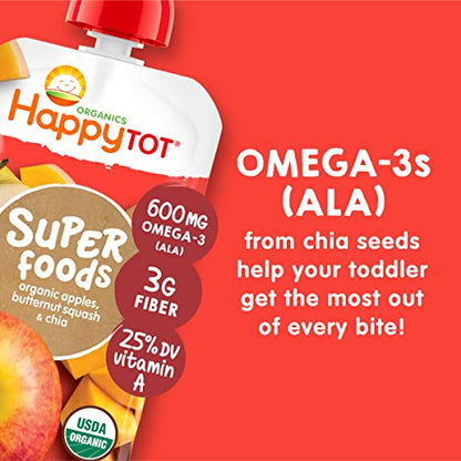 Happy Tot Organics Stage 4 Baby Food Pouches, Gluten Free, Vegan Snack, SuperFoods Fruit & Veggie Puree, Apples, Butternut Squash & Chia, 4.22 Ounce (Pack of 16)