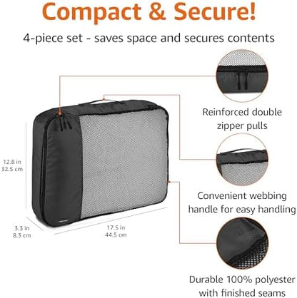 Amazon Basics Large Packing Cubes for Travel, Packing Organizers, 4-Piece-Set With Double Zipper Pulls and Mesh Top Panel, 100% Durable Polyester, Black, 17.5"L x 12.8"W x 3.3"H