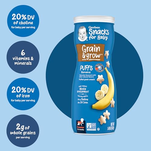 Gerber Stage 3 Baby Snacks, Banana Puffs, Puffed Grain Snack, Baby Led Feeding, Iron & Choline, Puffs Snacks for Babies, 6-Pack