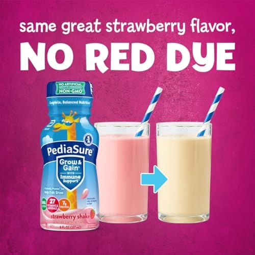PediaSure Grow & Gain with Immune Support, 27 Vitamins & Minerals for Kids, 7g Protein, Non-GMO, Gluten-Free, Strawberry, 8-fl-oz Bottle, Pack of 24
