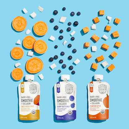 Serenity Kids 6+ Months Dairy-Free Smoothie Baby Food - USDA Organic Grass-Fed Collagen Protein - 3.5 Oz BPA-Free Pouches - Variety Pack (8 Count) - Baby Smoothie Pouch Set