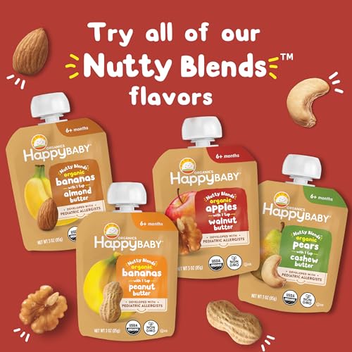 Happy Baby Organics Stage 2, Baby Food Pouches, Gluten Free, Vegan Snack, Nutty Blends, Fruit & Nut Butter Variety Pack (Pack of 8)