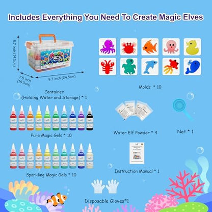 Kiditos Magic Water Elf Toy Kit, Aqua Fairy Water Gel Kit-20 Magic Gels&10 Molds–Make Your Own Water Pets & Squishy Toys–Fun Summer DIY Craft Kit, Birthday Gifts & Party Favors for Kids Ages 3+