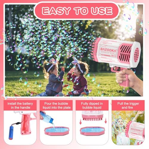 Bubble Machine Gun, 69 Holes Bubble Gun with Lights, Pink Outdoor Summer Beach Kids Bubbles Toys Birthday Wedding Party Fun for Girls Boys