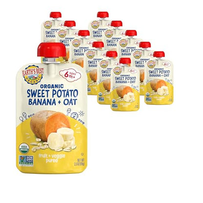 Earth's Best Organic Baby Food Pouches, 6+ Months, Fruit and Grain Puree for Babies 6 Months and Up, Organic Sweet Potato, Banana, and Oat, 3.5 Ounce Resealable Pouch (Pack of 12)