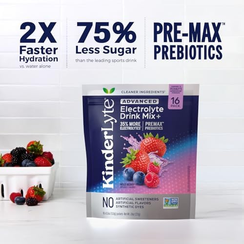 Kinderlyte Advanced Electrolyte Powder for Kids and Adults - Drink Mix Hydration Packets (Wild Berry, 16 Count), with PreMax Prebiotics, No Artificial Sweeteners or Flavors, No Synthetic Dyes