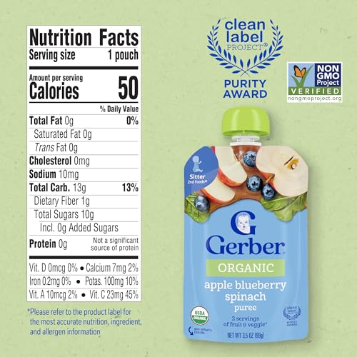 Gerber Stage 2 Baby Food, Organic Apple Blueberry Spinach Puree Pouch, 2 Servings of Fruit & Veggie, No Added Sweetener, No Artificial Colors or Flavors, 12-Pack