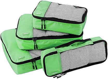 Amazon Basics Packing Cubes for Travel, Packing Organizers Set, 4-Piece-Set (Slim, Small, Medium, Large) With Double Zipper Pulls and Mesh Top Panel, 100% Durable Polyester, Green