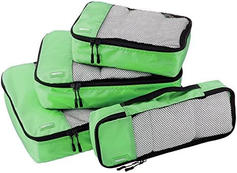 Amazon Basics Packing Cubes for Travel, Packing Organizers Set, 4-Piece-Set (Slim, Small, Medium, Large) With Double Zipper Pulls and Mesh Top Panel, 100% Durable Polyester, Green