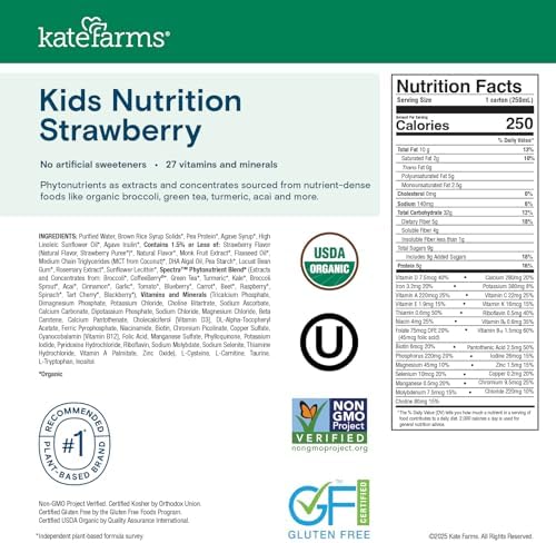 KATE FARMS Organic Kids Nutrition Strawberry Shake, 8g Protein, 27 Vitamins and Minerals, Meal Replacement, Gluten Free, Non-GMO, 8.45 oz (6 Pack)