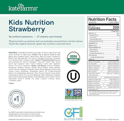 KATE FARMS Organic Kids Nutrition Strawberry Shake, 8g Protein, 27 Vitamins and Minerals, Meal Replacement, Gluten Free, Non-GMO, 8.45 oz (6 Pack)