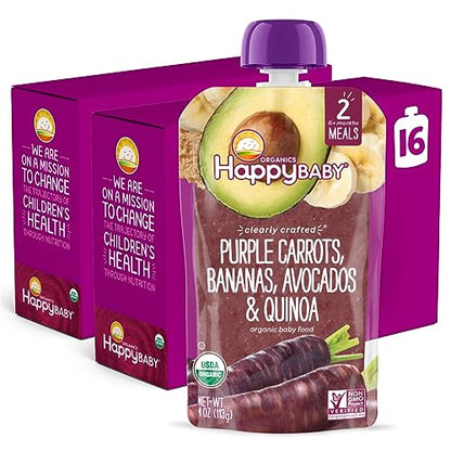 Happy Baby Organics Stage 2 Baby Food Pouches, Gluten Free, Vegan & Healthy Snack, Clearly Crafted Fruit & Veggie Puree, Purple Carrots, Bananas, Avocados & Quinoa, 4 Ounces (Pack of 16)