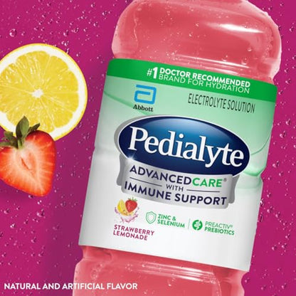 Pedialyte AdvancedCare Electrolyte Solution with PreActiv Prebiotics, Hydration Drink, Strawberry Lemonade, 1 Liter, 4 Count