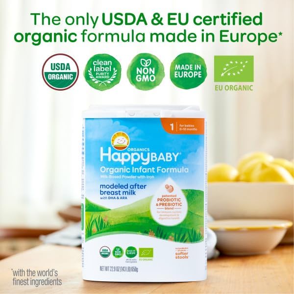 Happy Baby Organics Stage 1 Infant Formula, 0 12 Months, Milk Based Organic Baby Formula Powder with Iron, Probiotics & Prebiotics for Immune & Digestive Support, 22.9 Ounce (Pack of 3)