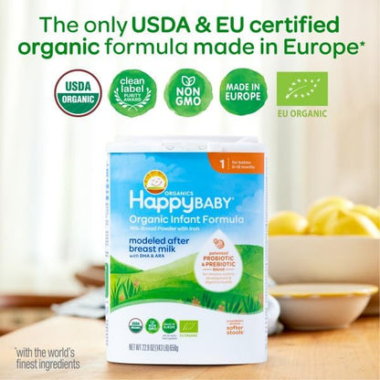 Happy Baby Organics Stage 1 Infant Formula, 0 12 Months, Milk Based Organic Baby Formula Powder with Iron, Probiotics & Prebiotics for Immune & Digestive Support, 22.9 Ounce (Pack of 3)