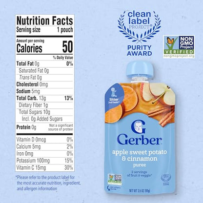 Gerber Stage 2 Baby Food, Apple Sweet Potato Cinnamon Puree Pouch, 2 Servings of Fruit & Veggie, No Added Sweetener, No Artificial Colors or Flavors, 12-Pack