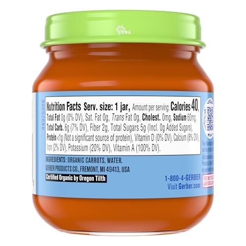 Gerber Stage 1 Baby Food, Organic Carrot Jar, Carrot Puree, Non-GMO, Vegetable Baby Food, Puree Jars Glass, 10-pack