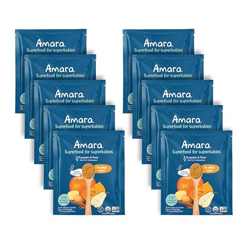 Amara Organic Baby Food - Stage 2 - Pumpkin Pear - Baby Cereal to Mix With Breastmilk, Water or Baby Formula - Shelf Stable Baby Food Pouches Made from Organic Fruit and Veggies - 10 Pouches, 3.5oz Per Serving