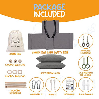 Indoor Outdoor Baby Swing with 3-Point Harness and Hardware for Ceiling, Porch, Doorway, Canvas Baby Swing Outdoor Toddler Swing Seat Dark Gray