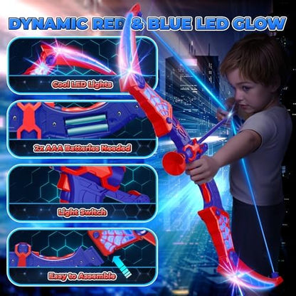 Spider Toys for Boys Age 3-4 4-6 6-8 8-12, Kids Toy BowArrow Shooting Set with Red & Blue LED Lights, Spider Quiver & Web Target, 8 Suction Cup Arrows, Toys Gifts for 3 4 5 6 7 8 9 10 12 Year Old Boys