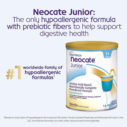 Nutricia Neocate Junior - Hypoallergenic, Dairy-free, Amino Acid-Based Formula for 1+ Years - For Toddlers, Kids & Teens - Powdered Formula- Vanilla - 14.1 oz can (Case of 1)