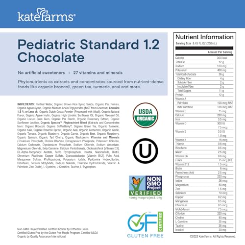 KATE FARMS Organic Pediatric 1.2 High Calorie Chocolate Nutrition Shake, 12g Protein, 27 Vitamins and Minerals, Meal Replacement, 8.45 oz (12 pack)