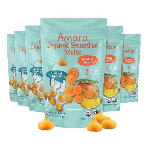 Amara Smoothie Melts - Mango Carrot - Baby Snacks Made With Fruits and Vegetables - Healthy Toddler Snacks For Your Kids Lunch Box - Organic Plant Based Yogurt Melts - 6 Resealable Bags