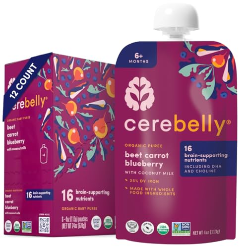 Cerebelly Organic Baby Food Pouches – Organic Veggie Purees for Toddlers | No Added Sugar, Fiber, Non-GMO | Blended Toddler Food | 4oz BPA-Free Baby Food | Beet Carrot Blueberry | 12 Count