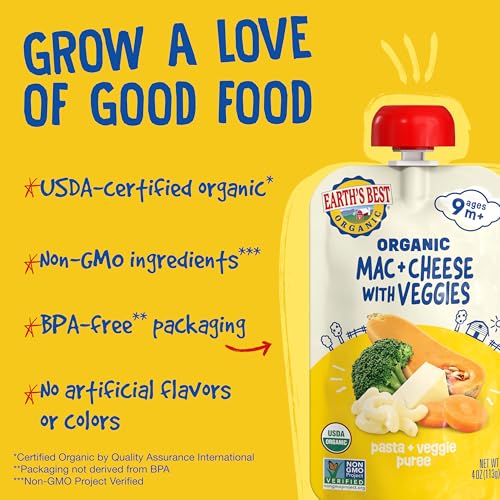 Earth's Best Organic Baby Food Pouches, 9+ Months, Pasta and Vegetable Puree for Babies 9 Months and Up, Organic Mac and Cheese with Veggies, 4 Ounce Resealable Pouch (Pack of 12)