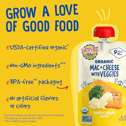 Earth's Best Organic Baby Food Pouches, 9+ Months, Pasta and Vegetable Puree for Babies 9 Months and Up, Organic Mac and Cheese with Veggies, 4 Ounce Resealable Pouch (Pack of 12)