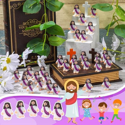 Bememo 100 Pcs Little Jesus Figures Jesus Loves You Original Design Rubber Pocket Toys Little Figures to Hide and Seek Sunday School Religious Party Share Gifts(Purple)