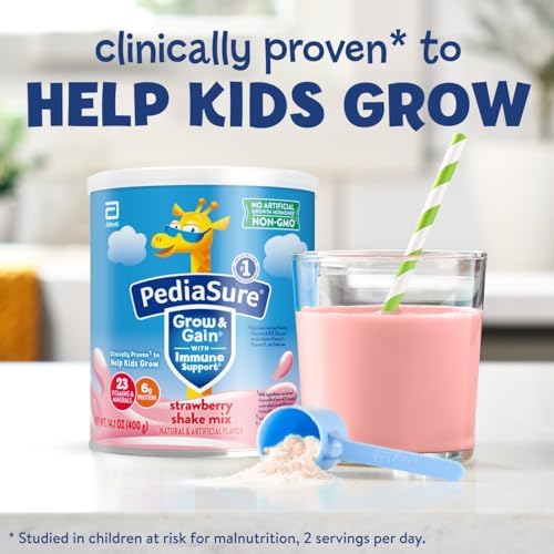 PediaSure Grow & Gain with Immune Support Shake Mix Powder, 23 Vitamins & Minerals, 6g Protein, Non-GMO, Gluten-Free, Strawberry, 14.1 oz Can, Pack of 3—24 Servings