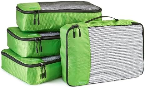 Amazon Basics Medium Packing Cubes for Travel, Packing Organizers, 4-Piece-Set With Double Zipper Pulls and Mesh Top Panel, 100% Durable Polyester, Green, 13.8"L x 9.8"W x 3"H