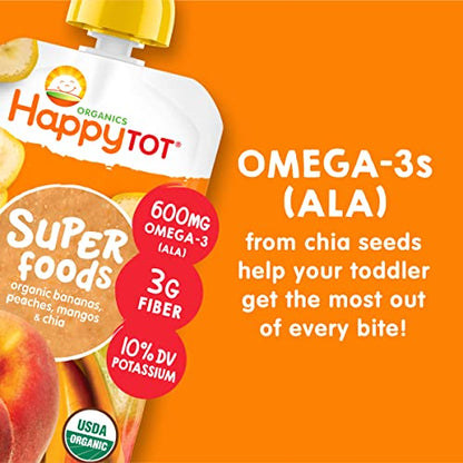 Happy Tot Organics Stage 4 Baby Food Pouches, Gluten Free, Vegan Snack, SuperFoods Fruit & Veggie Puree, Bananas, Peaches, Mangos & Chia, 4.22 Ounce (Pack of 16)