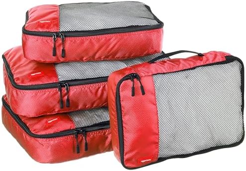 Amazon Basics Packing Cubes for Travel, Packing Organizers Set, 4-Piece-Set (2 Medium And 2 Large) With Double Zipper Pulls and Mesh Top Panel, 100% Durable Polyester, Red